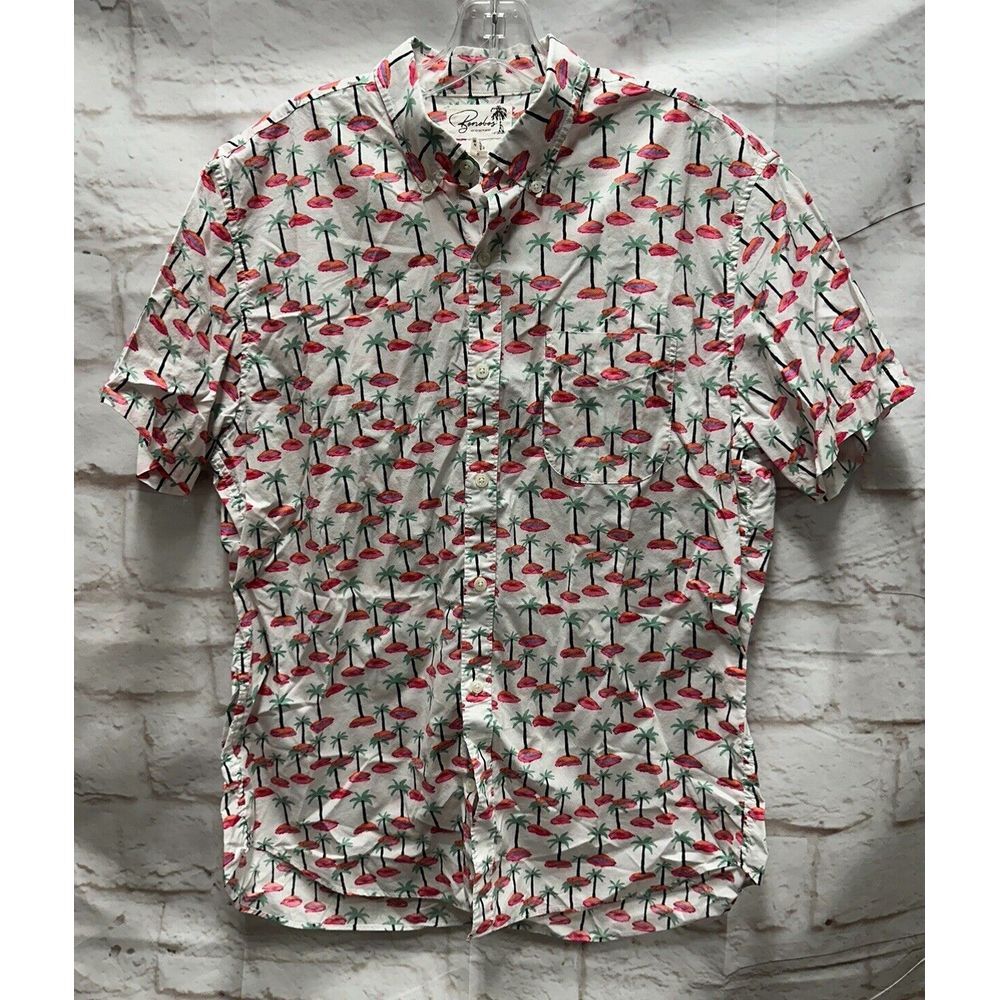 Palm Tree & Flamingo Print Short-Sleeve Button-Up Shirt - White/Red